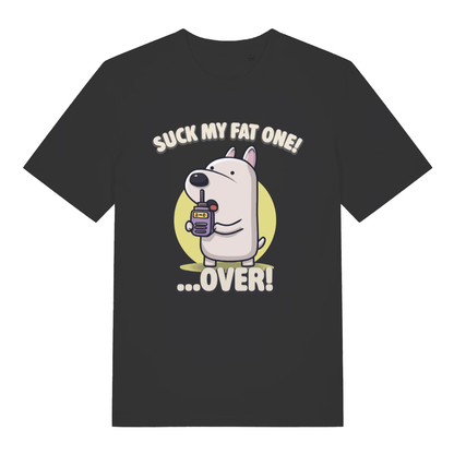 Black Suck My Fat One funny graphic t-shirt with cartoon dog walkie-talkie design  