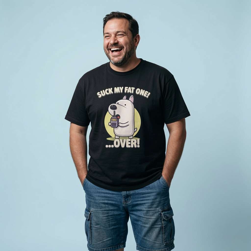 Man laughing with hands in his pockets in a black Suck My Fat One! …Over! t-shirt, funny and witty mens rude dog design full of pure attitude