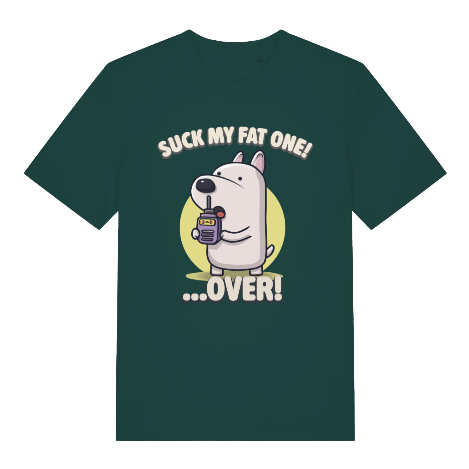 Glazed green Suck My Fat One funny graphic t-shirt featuring rude dog print  