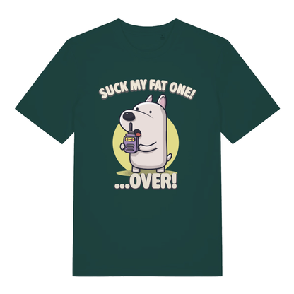 Glazed green Suck My Fat One funny graphic t-shirt featuring rude dog print  