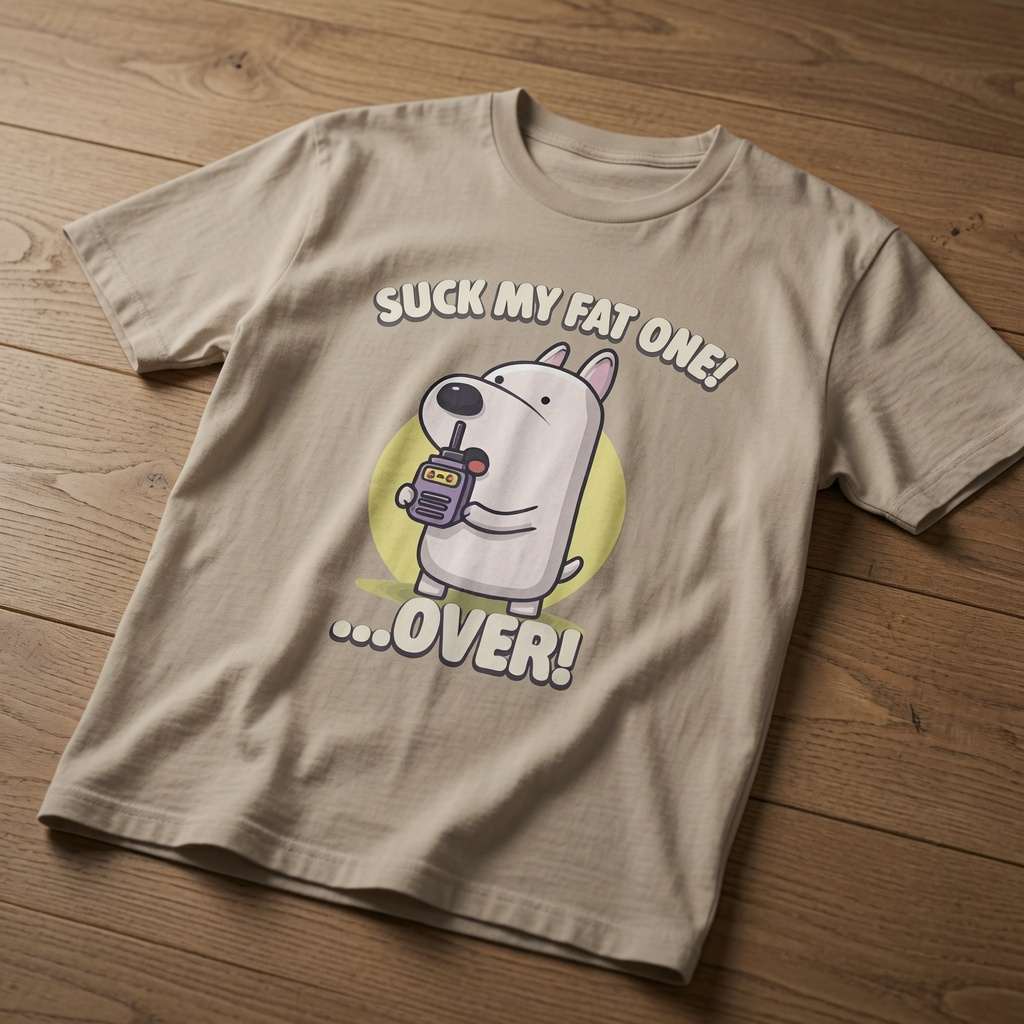 Stone Suck My Fat One! …Over! t-shirt laid flat on a wooden surface showing the full cartoon dog graphic, cheeky and fun mens rude dog design that every cheeky lad will claim