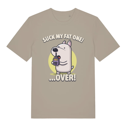 Stone Suck My Fat One funny graphic t-shirt showing bold offensive dog lettering  