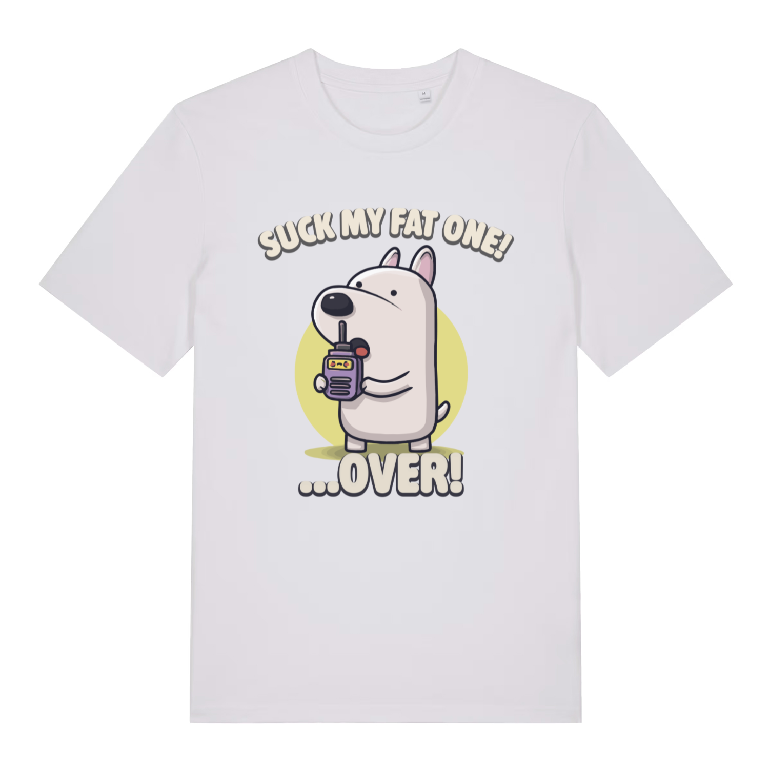 White Suck My Fat One funny graphic t-shirt with witty cartoon dog design  