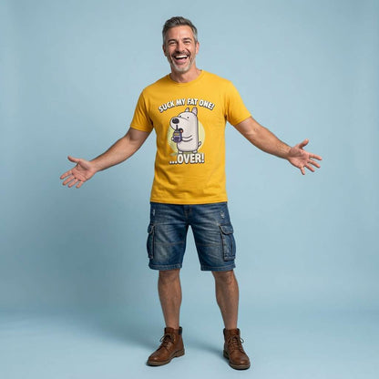 Man laughing with arms outstretched while wearing a yellow Suck My Fat One! …Over! t-shirt featuring a cartoon dog with a walkie-talkie, fun and cheeky mens rude dog design