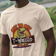 A man wearing a Stag T-shirt with a cartoon dinosaur holding a beer, captioned 