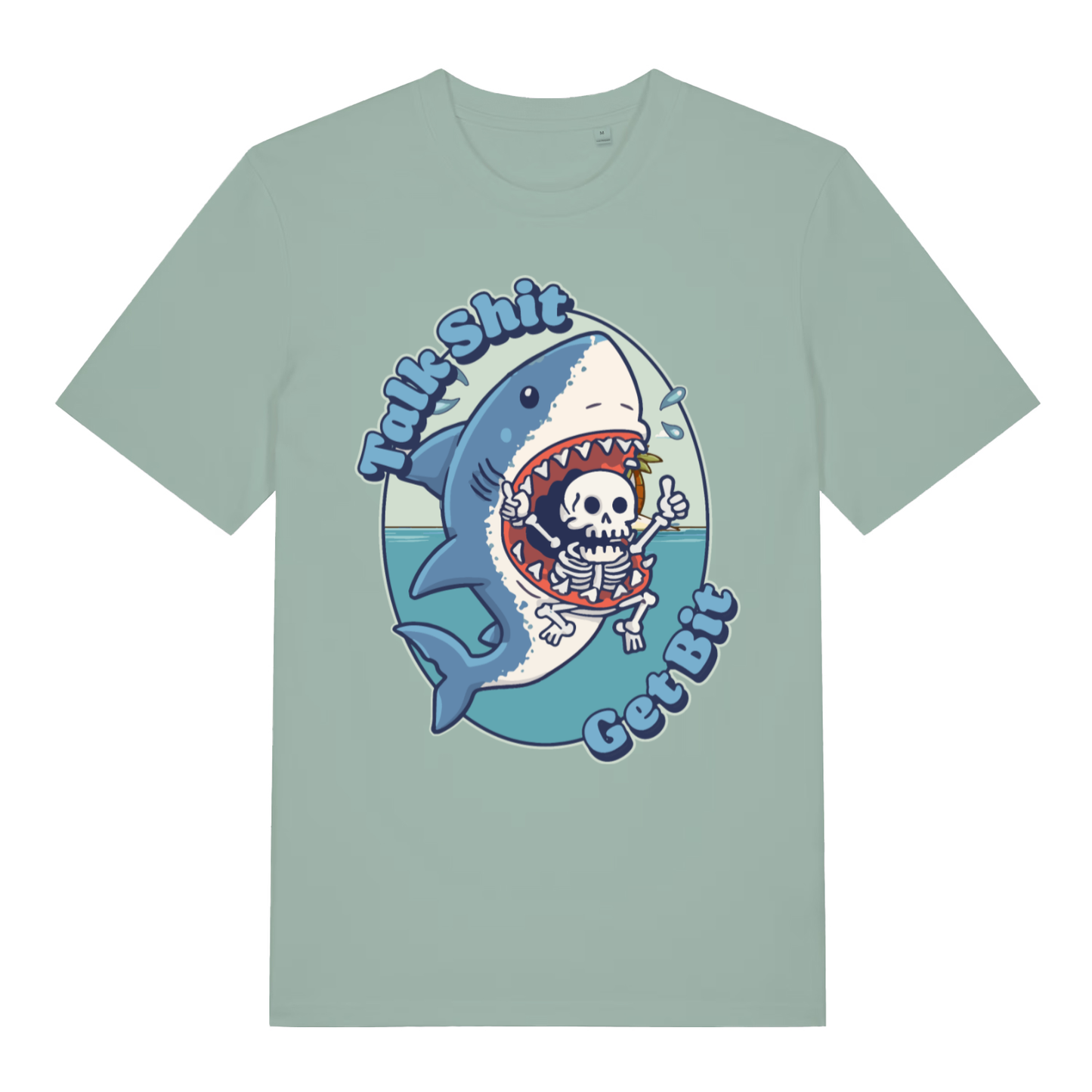 Aloe Talk Shit Get Bit funny graphic t-shirt with cartoon shark and skeleton design  