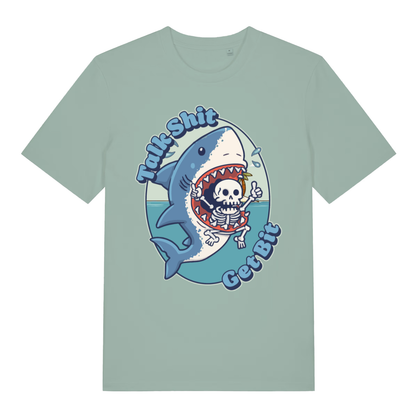 Aloe Talk Shit Get Bit funny graphic t-shirt with cartoon shark and skeleton design  