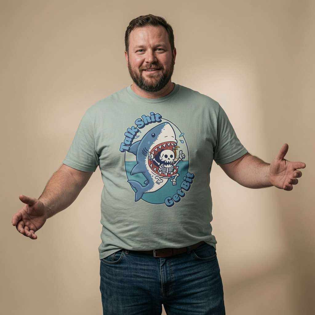Bearded man smiling with arms outstretched while wearing an aloe Talk Shit Get Bit t-shirt featuring a shark swallowing a skeleton, funny and witty mens shark pun