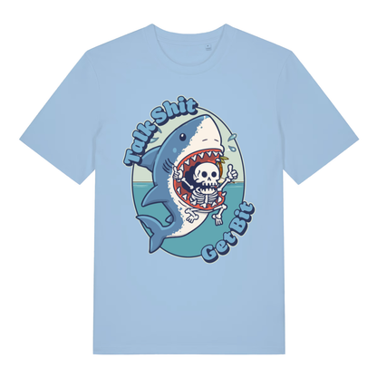 Blue Soul Talk Shit Get Bit funny graphic t-shirt featuring cheeky shark print  