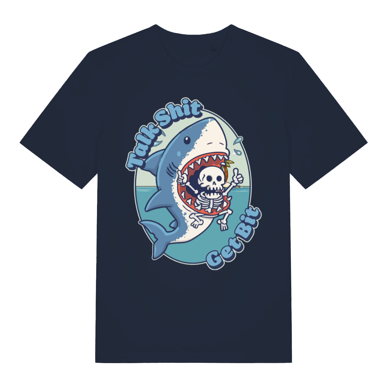Navy Talk Shit Get Bit funny graphic t-shirt with classic animal banter lettering  