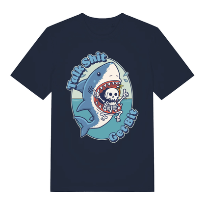 Navy Talk Shit Get Bit funny graphic t-shirt with classic animal banter lettering  