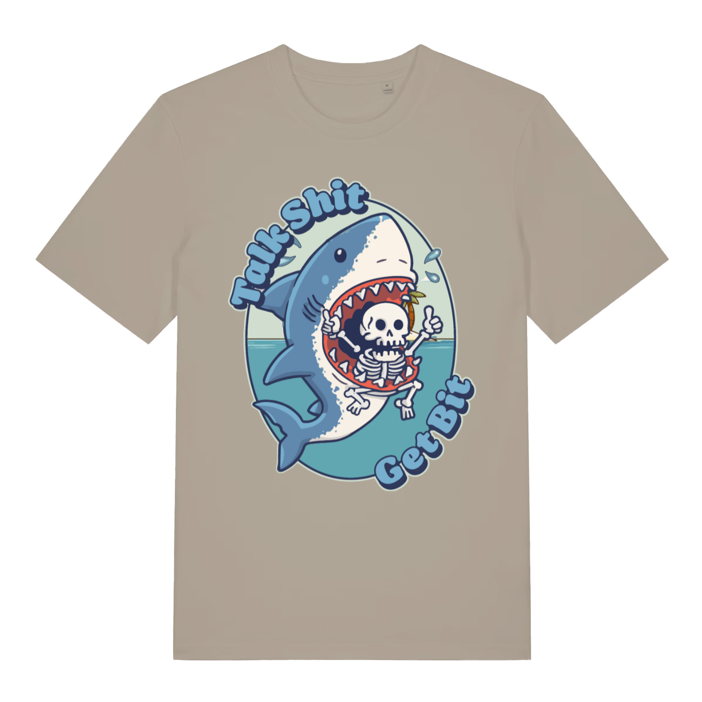 Stone Talk Shit Get Bit funny graphic t-shirt showing bold shark bite design  