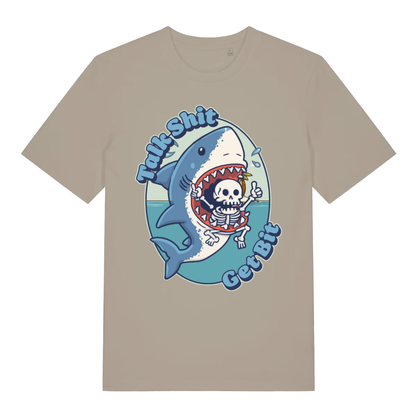 Stone Talk Shit Get Bit funny graphic t-shirt showing bold shark bite design  
