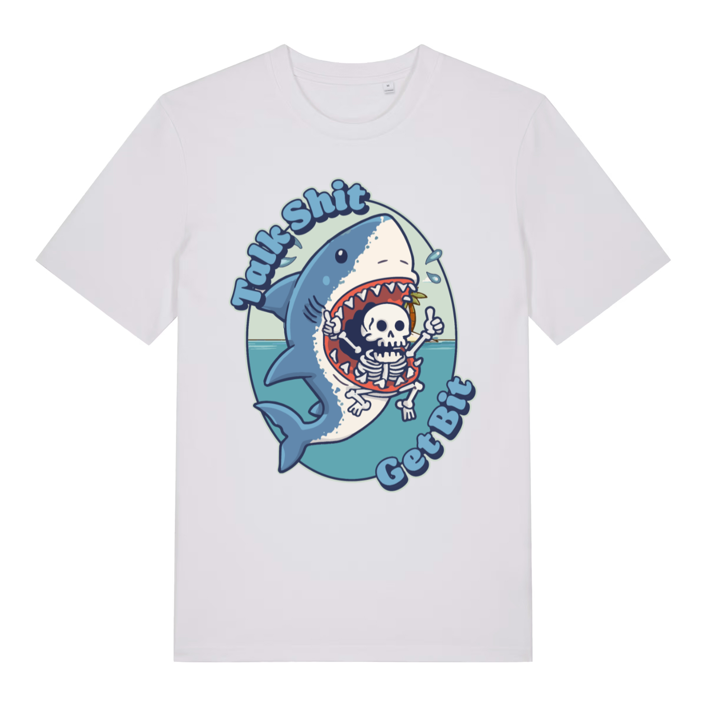 White Talk Shit Get Bit funny graphic t-shirt featuring ultimate rude animal pun  