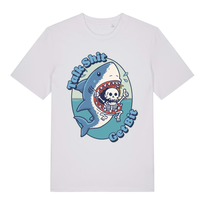 White Talk Shit Get Bit funny graphic t-shirt featuring ultimate rude animal pun  