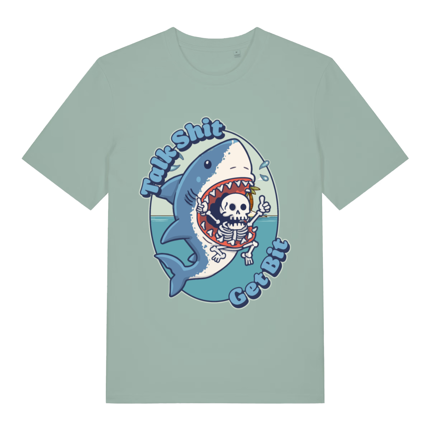 Aloe Talk Shit Get Bit women’s funny graphic t-shirt with cartoon shark and skeleton design  