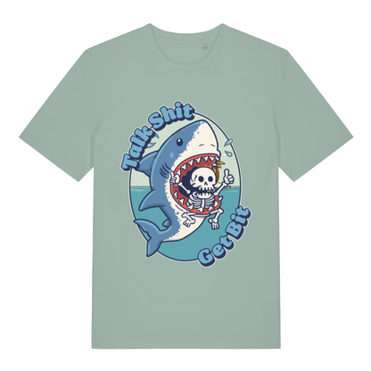 Aloe Talk Shit Get Bit women’s funny graphic t-shirt with cartoon shark and skeleton design  