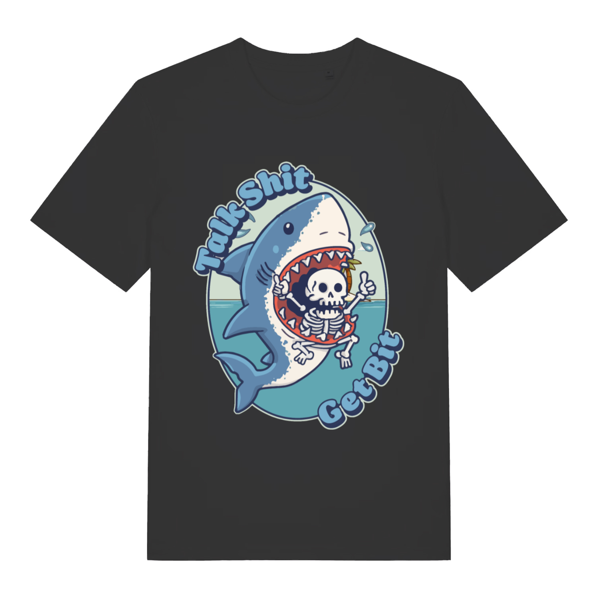 Black Talk Shit Get Bit women’s funny graphic t-shirt featuring cheeky shark print  