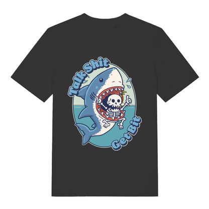 Black Talk Shit Get Bit women’s funny graphic t-shirt featuring cheeky shark print  