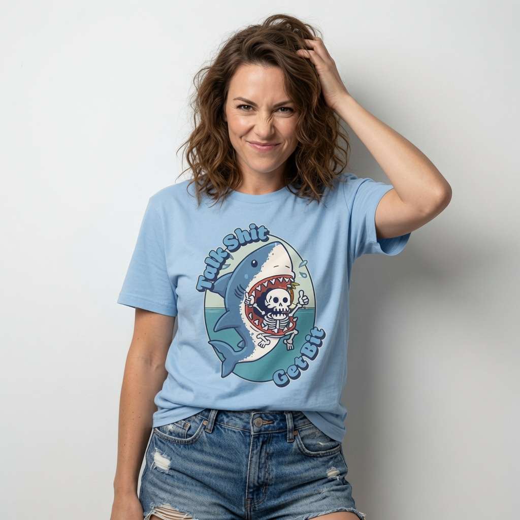 Woman with one hand in her hair in a blue Talk Shit Get Bit t-shirt, witty and rude fun kawaii shark tattoo design that every no-nonsense lady will claim
