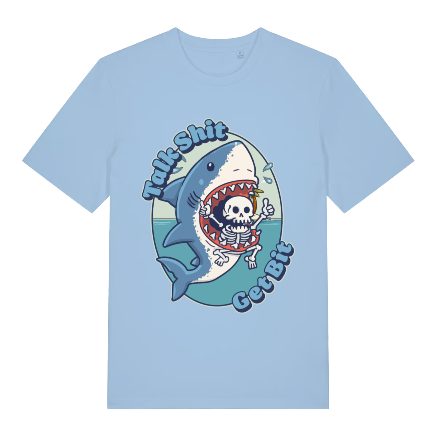 Blue Talk Shit Get Bit women’s funny graphic t-shirt with classic animal banter lettering  