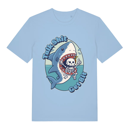 Blue Talk Shit Get Bit women’s funny graphic t-shirt with classic animal banter lettering  