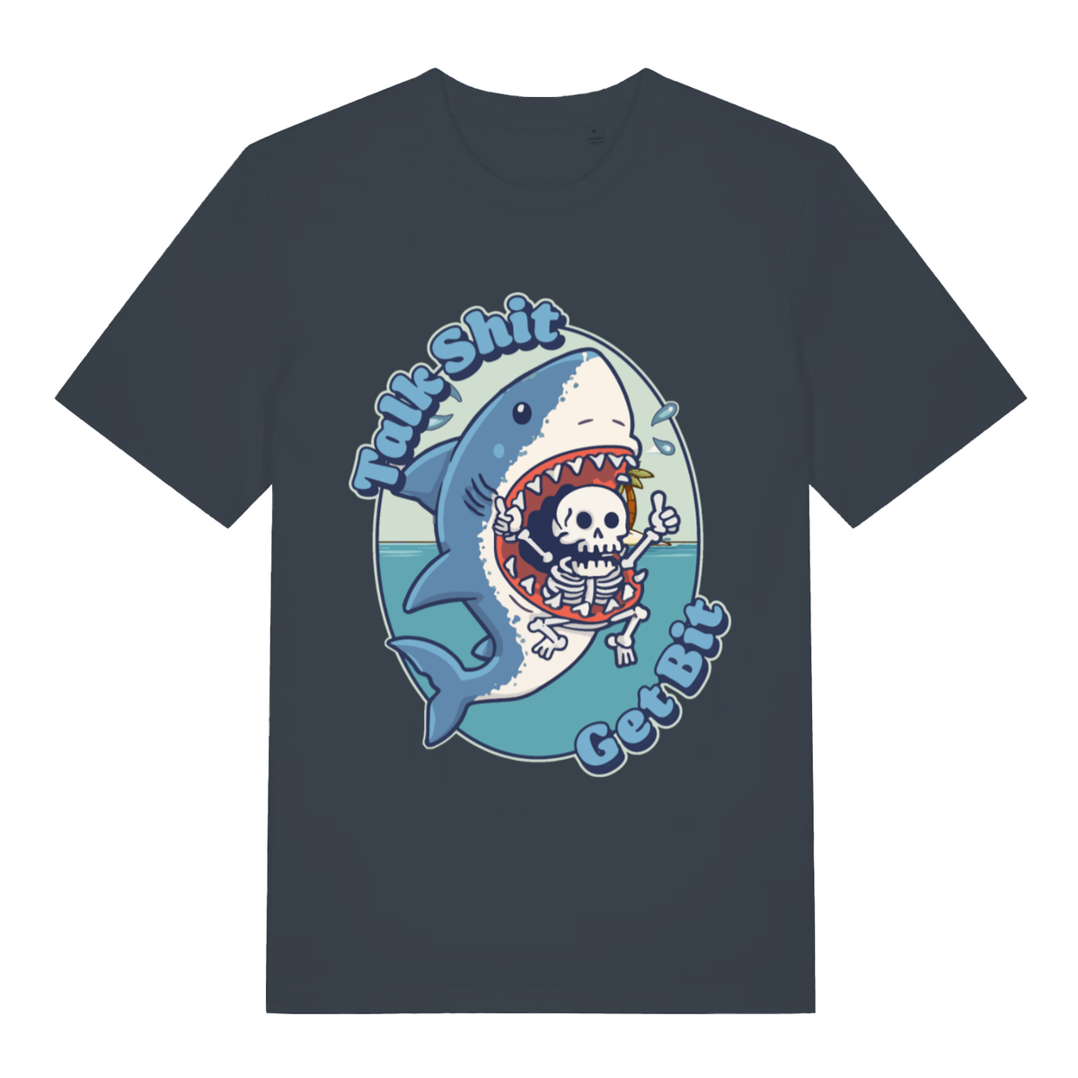 Ink grey Talk Shit Get Bit women’s funny graphic t-shirt showing bold shark bite design  