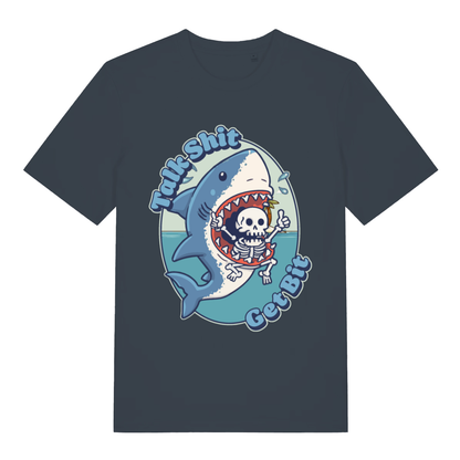 Ink grey Talk Shit Get Bit women’s funny graphic t-shirt showing bold shark bite design  