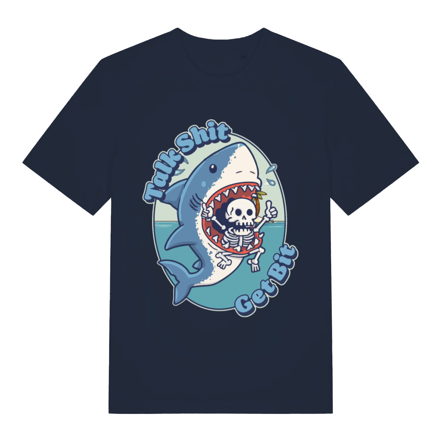 Navy Talk Shit Get Bit women’s funny graphic t-shirt featuring ultimate rude animal pun  