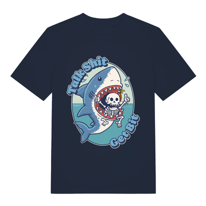 Navy Talk Shit Get Bit women’s funny graphic t-shirt featuring ultimate rude animal pun  