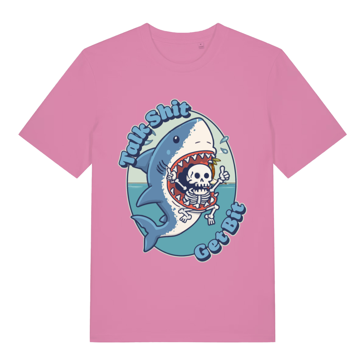 Pink Talk Shit Get Bit women’s funny graphic t-shirt with witty kawaii shark design  