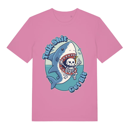 Pink Talk Shit Get Bit women’s funny graphic t-shirt with witty kawaii shark design  