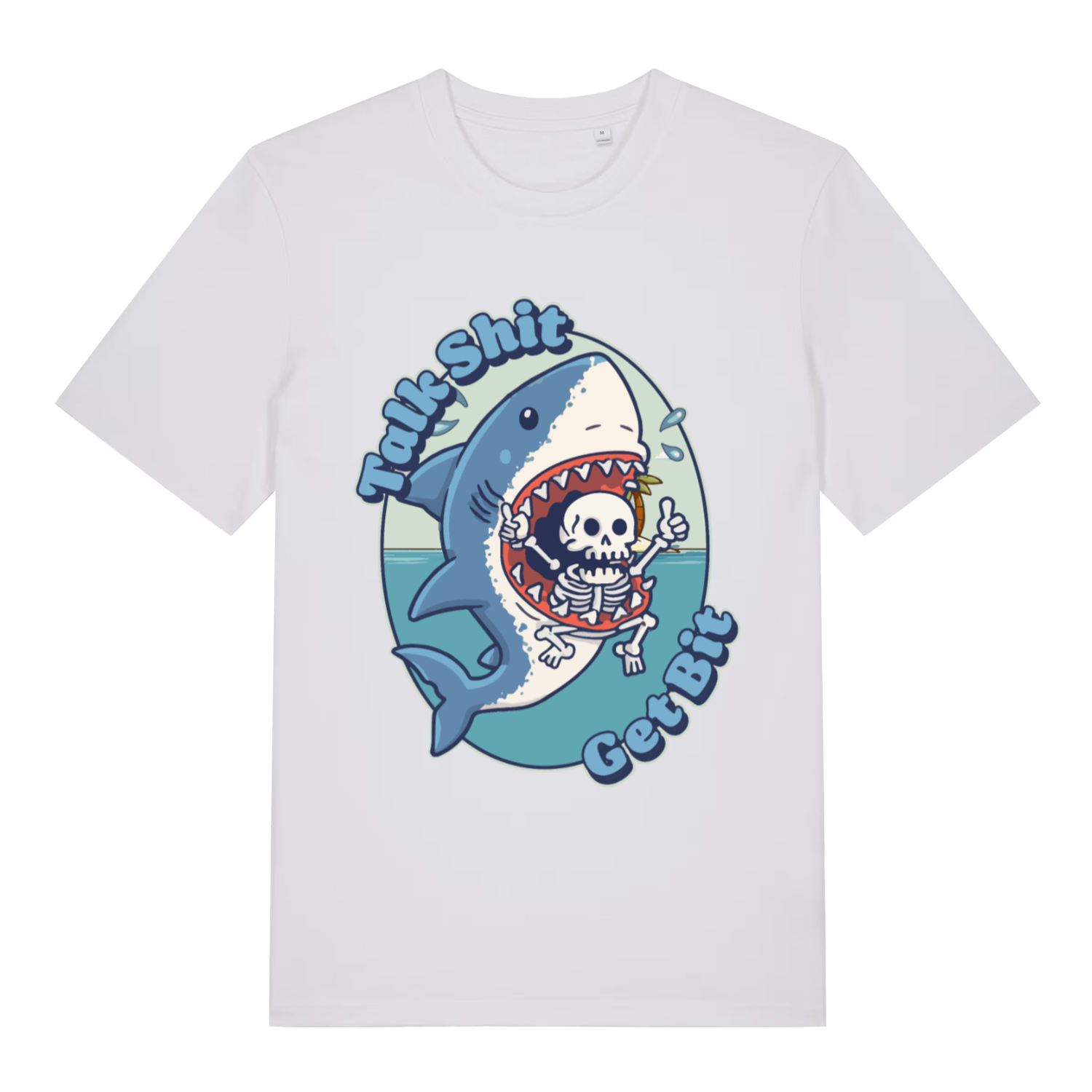White Talk Shit Get Bit women’s funny graphic t-shirt showing bold cartoon shark lettering  