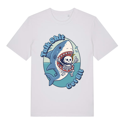 White Talk Shit Get Bit women’s funny graphic t-shirt showing bold cartoon shark lettering  