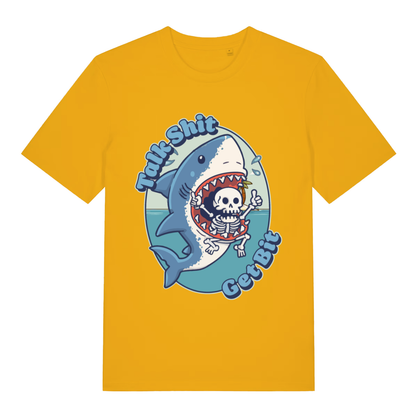 Yellow Talk Shit Get Bit women’s funny graphic t-shirt featuring classic cheeky shark banter  