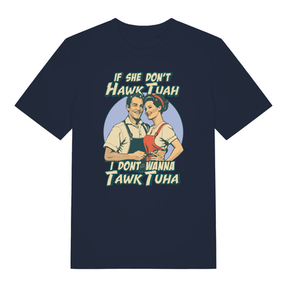 Navy Talk Tuah funny slogan t-shirt with bold Hawk Tuah lettering  