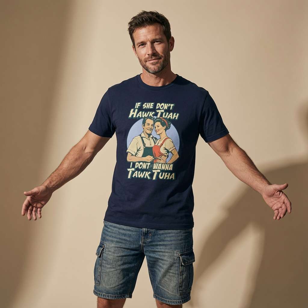 Man standing with arms outstretched while wearing a navy If She Don’t Hawk Tuah I Don’t Wanna Tawk Tuha t-shirt featuring a retro couple, funny and witty rude meme-inspired design