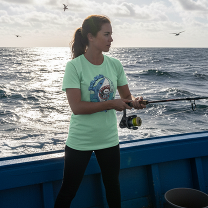A woman stands on a boat holding a fishing rod, wearing a light green T-shirt with a shark graphic. The ocean is in the background with birds flying. The scene is peaceful and focused.