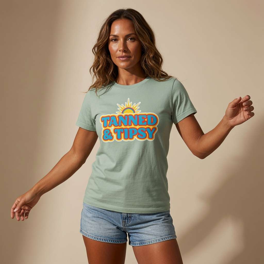 Woman looking at the camera with arms slightly out in an aloe Tanned & Tipsy t-shirt, fun ladies summer holiday slogan that every holiday-ready lady will claim
