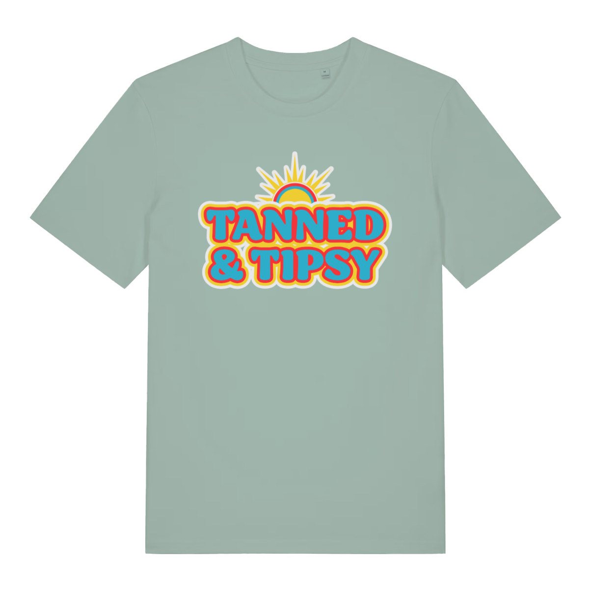 Aloe Tanned & Tipsy women’s funny slogan t-shirt with retro summer sun design  