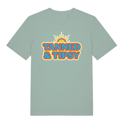 Aloe Tanned & Tipsy women’s funny slogan t-shirt with retro summer sun design  