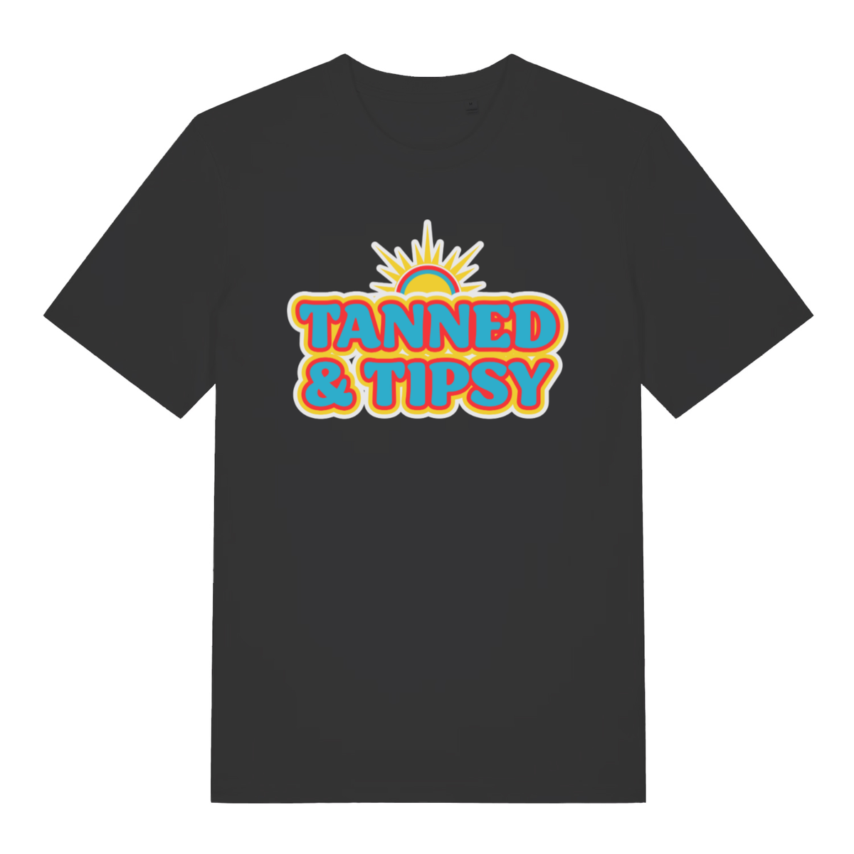 Black Tanned & Tipsy women’s funny slogan t-shirt featuring cheeky holiday lettering  