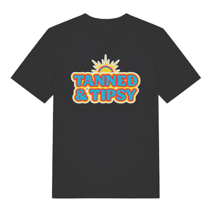 Black Tanned & Tipsy women’s funny slogan t-shirt featuring cheeky holiday lettering  