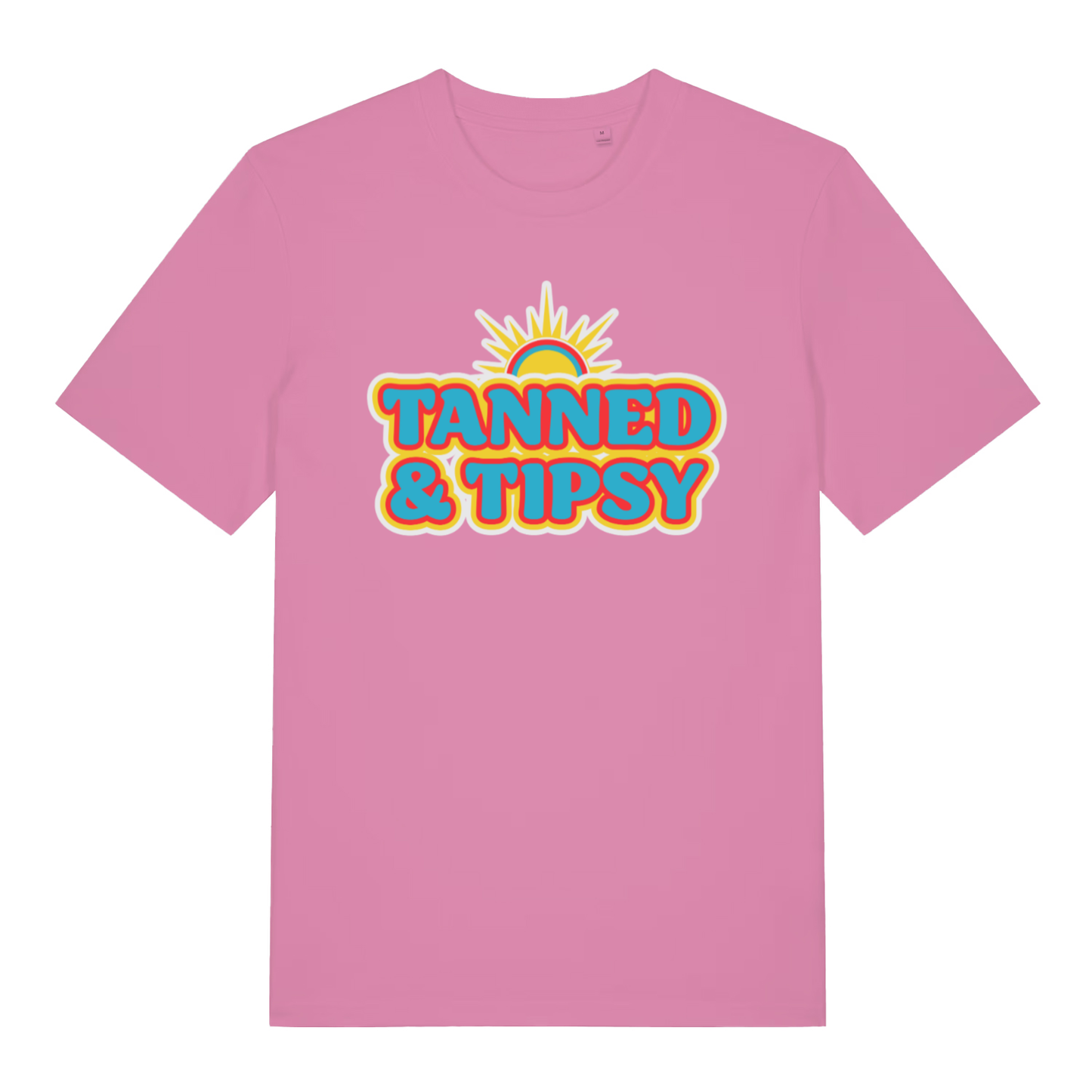 Pink Tanned & Tipsy women’s funny slogan t-shirt showing bold tipsy holiday design  
