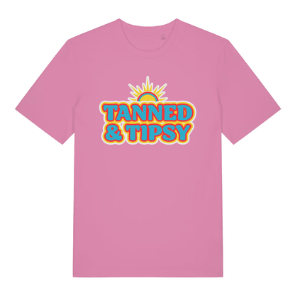 Pink Tanned & Tipsy women’s funny slogan t-shirt showing bold tipsy holiday design  