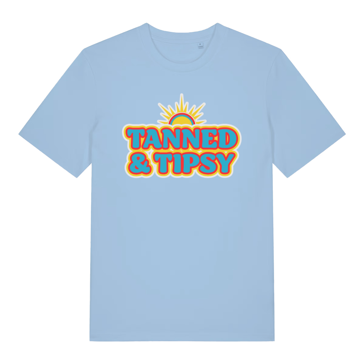 Sky blue Tanned & Tipsy women’s funny slogan t-shirt featuring ultimate summer hen party vibes  