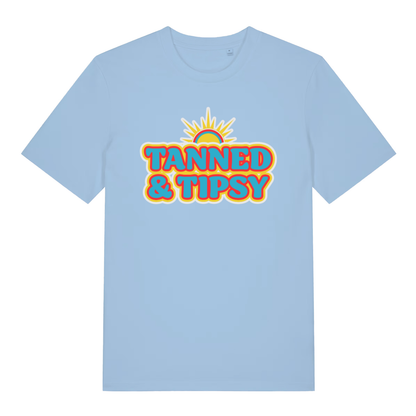Sky blue Tanned & Tipsy women’s funny slogan t-shirt featuring ultimate summer hen party vibes  