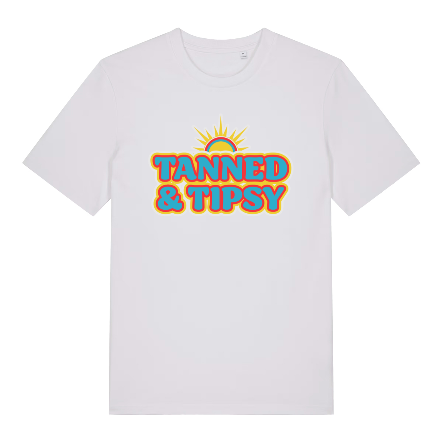 White Tanned & Tipsy women’s funny slogan t-shirt with witty sunny lettering  