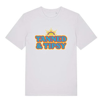White Tanned & Tipsy women’s funny slogan t-shirt with witty sunny lettering  