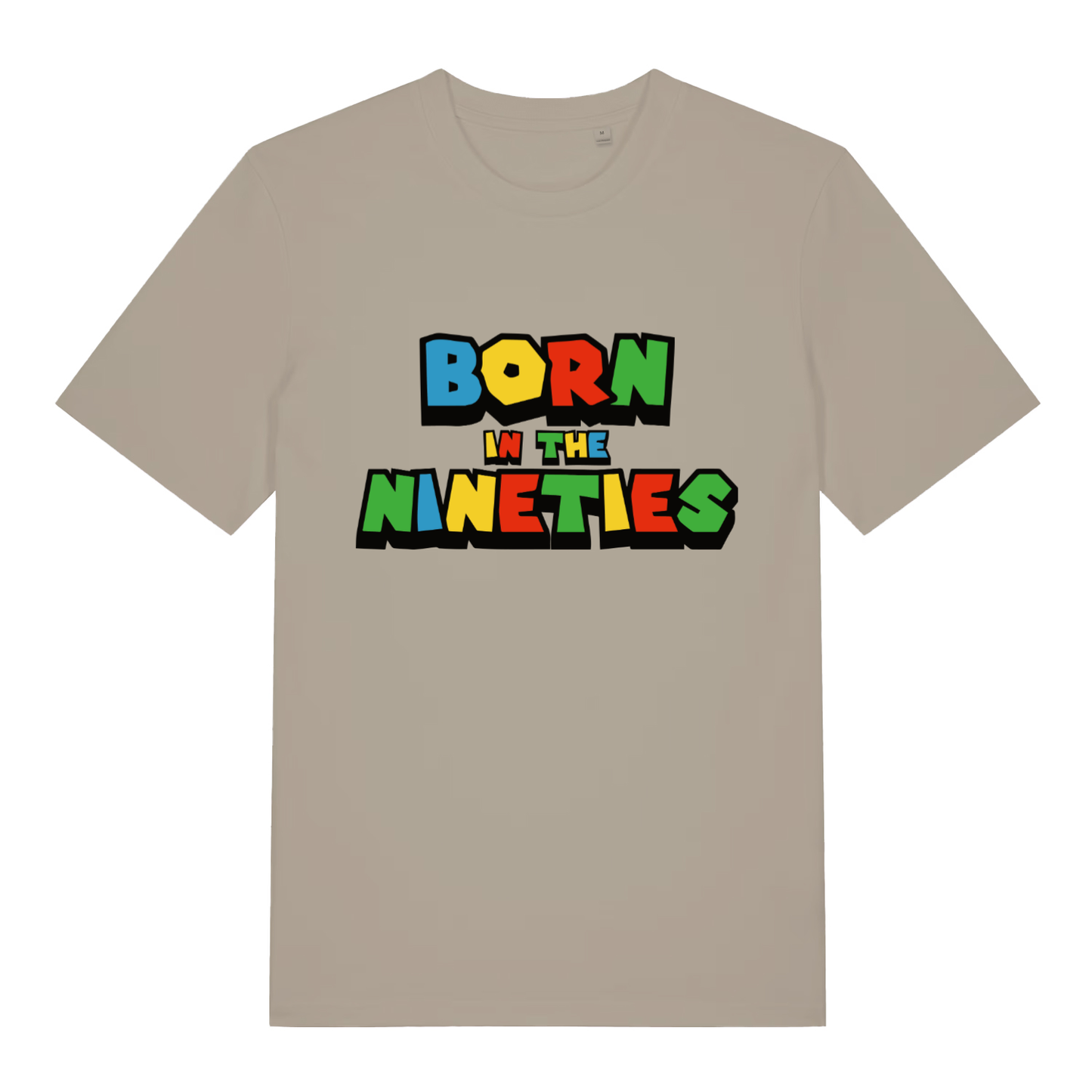 Beige Born In The Nineties funny slogan t-shirt with colourful 90s block lettering  
